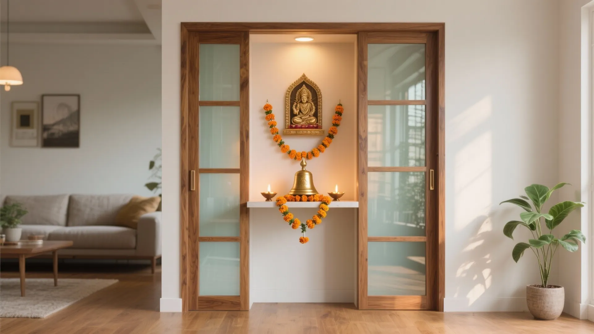Small prayer area with orange flower garlands bell and candles flanked by wood glass doors