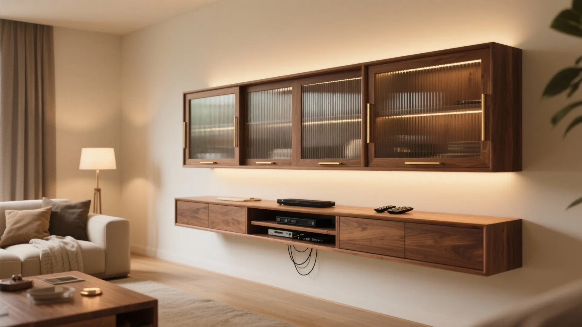 Wood + glass combo: reeded panels and warm accents