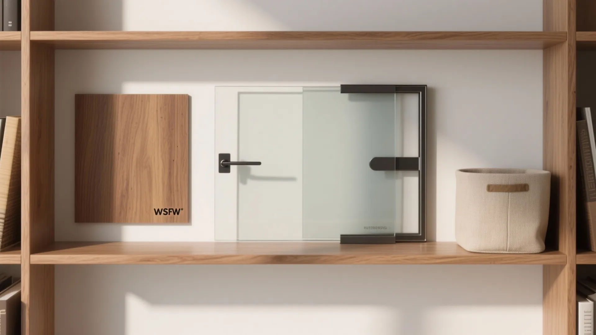 Wooden shelf displaying glass door sample wood panel texture and small fabric basket for storage