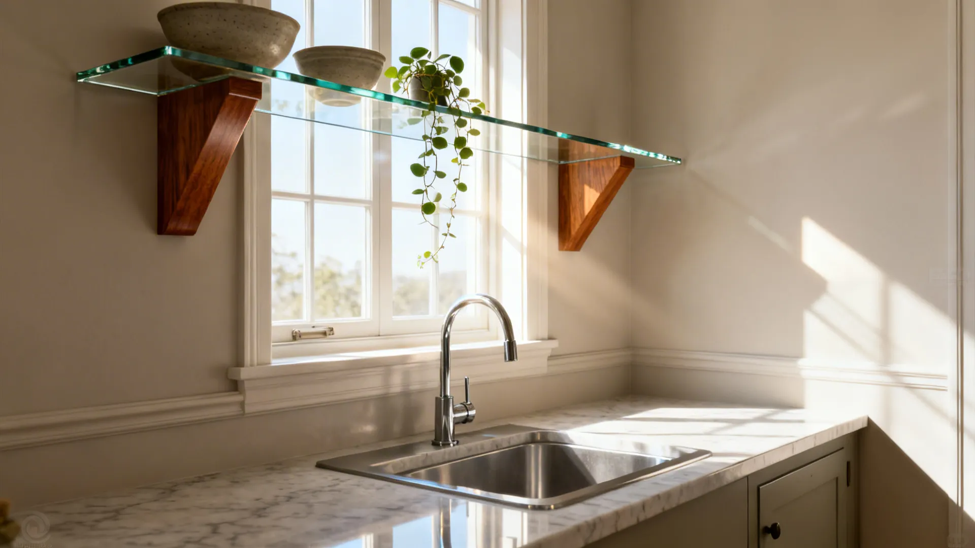 Tempered-glass shelf on wood brackets above a sink, letting daylight pass through.