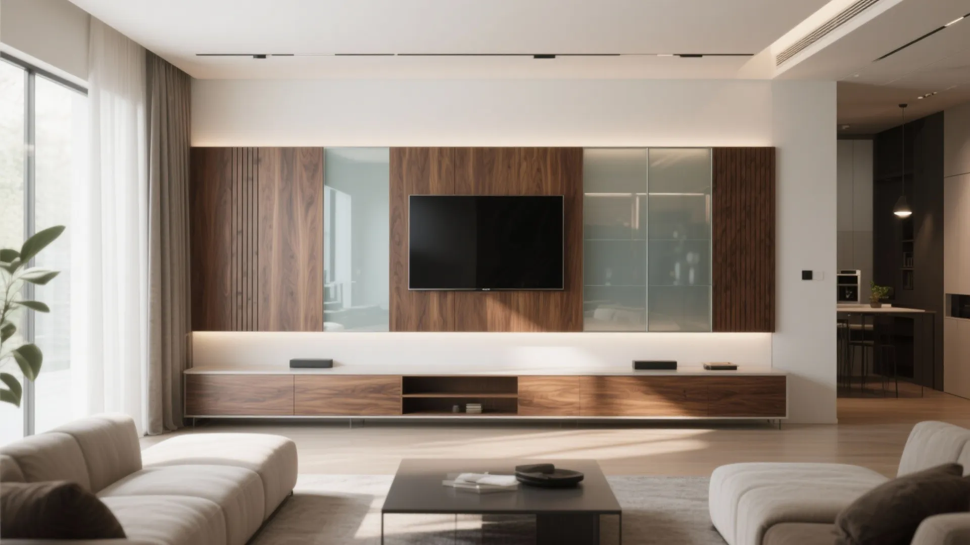 Sleek living room with a large wall panel combining wood and glass behind the television