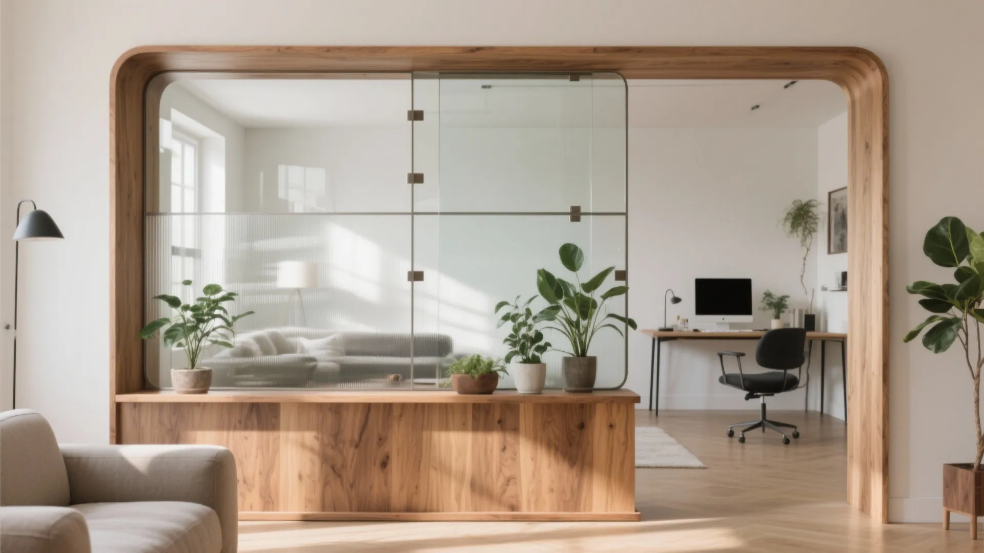 Wood and Glass Partition for Airy Zoning
