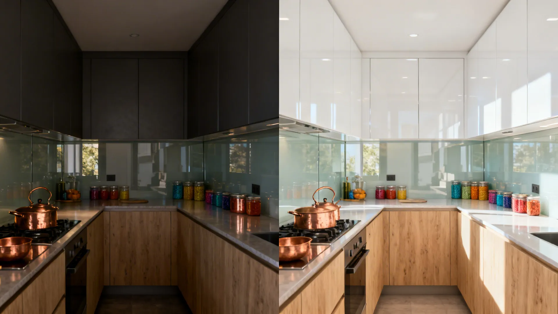 Before-and-after of a small kitchen switching to light oak lowers and glossy white uppers for better light bounce.