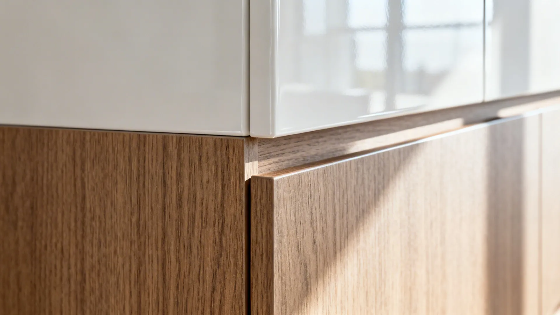 Macro of wood-textured base cabinet meeting a glossy white upper door with precise hardware.