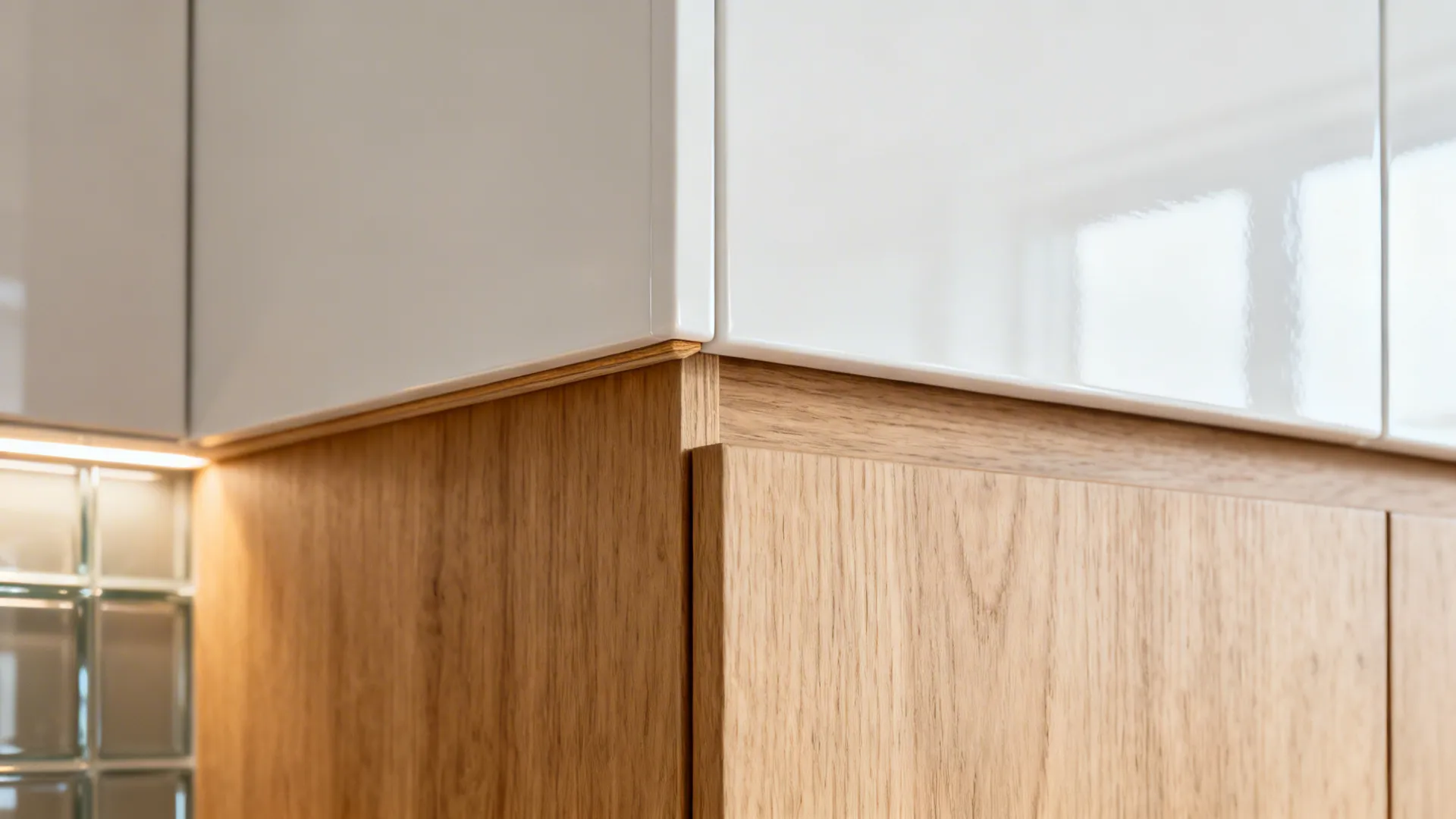 Close-up of light oak lower cabinet meeting a high-gloss white upper with clean edge-banding and LED lighting.