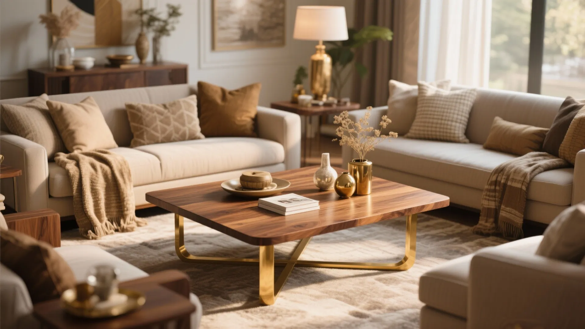 Walnut coffee table with gold legs in warm living room