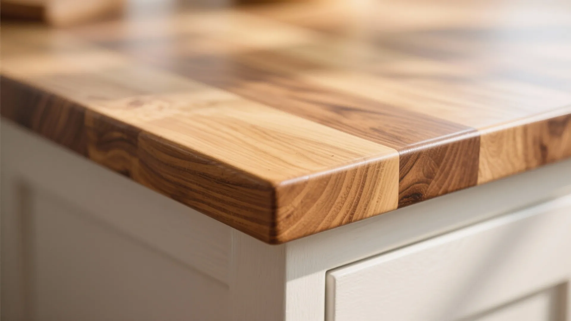 Close up of a solid wood kitchen countertop with a smooth finish and natural grain