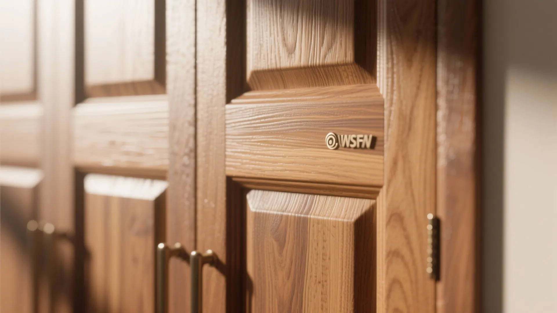 Close up of wood cabinet door showing natural texture with gold metal handles in sunlight