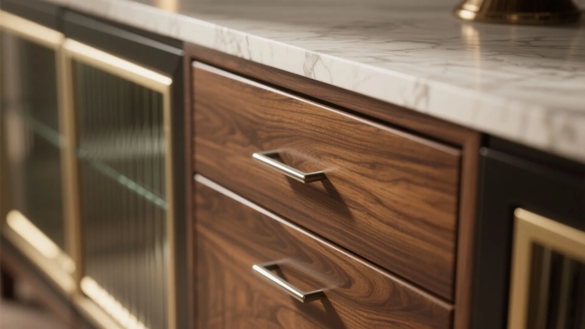 Close up of dark wood drawers with metal handles and a white marble stone counter top
