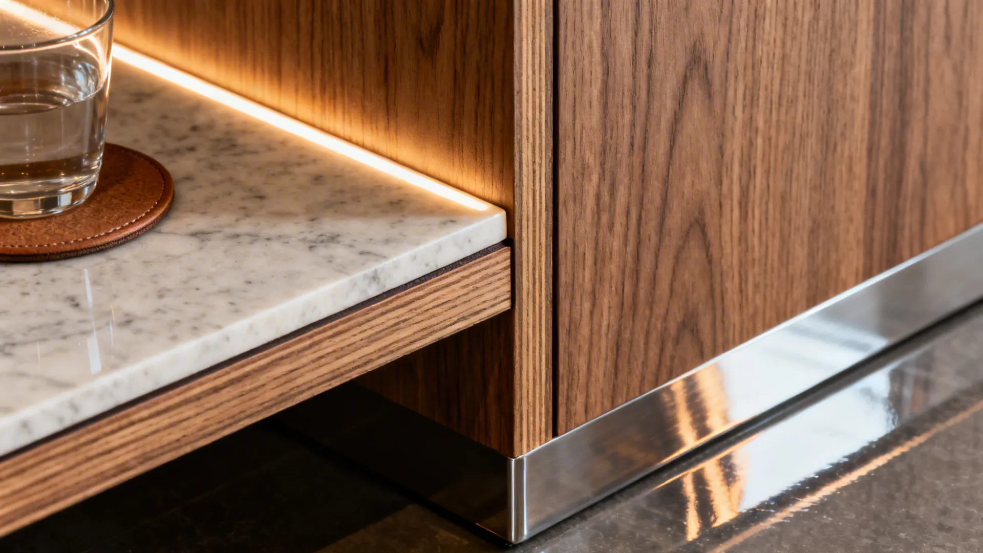 Close-up of ash veneer grain, quartz top, and warm LED light at the katta.
