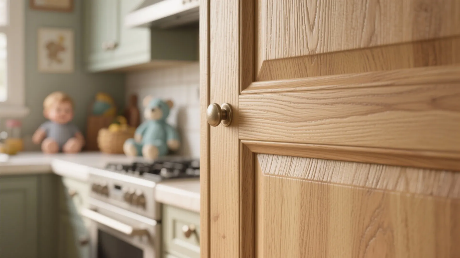 Close up of a wooden kitchen cabinet door with a round handle and blurry kitchen background