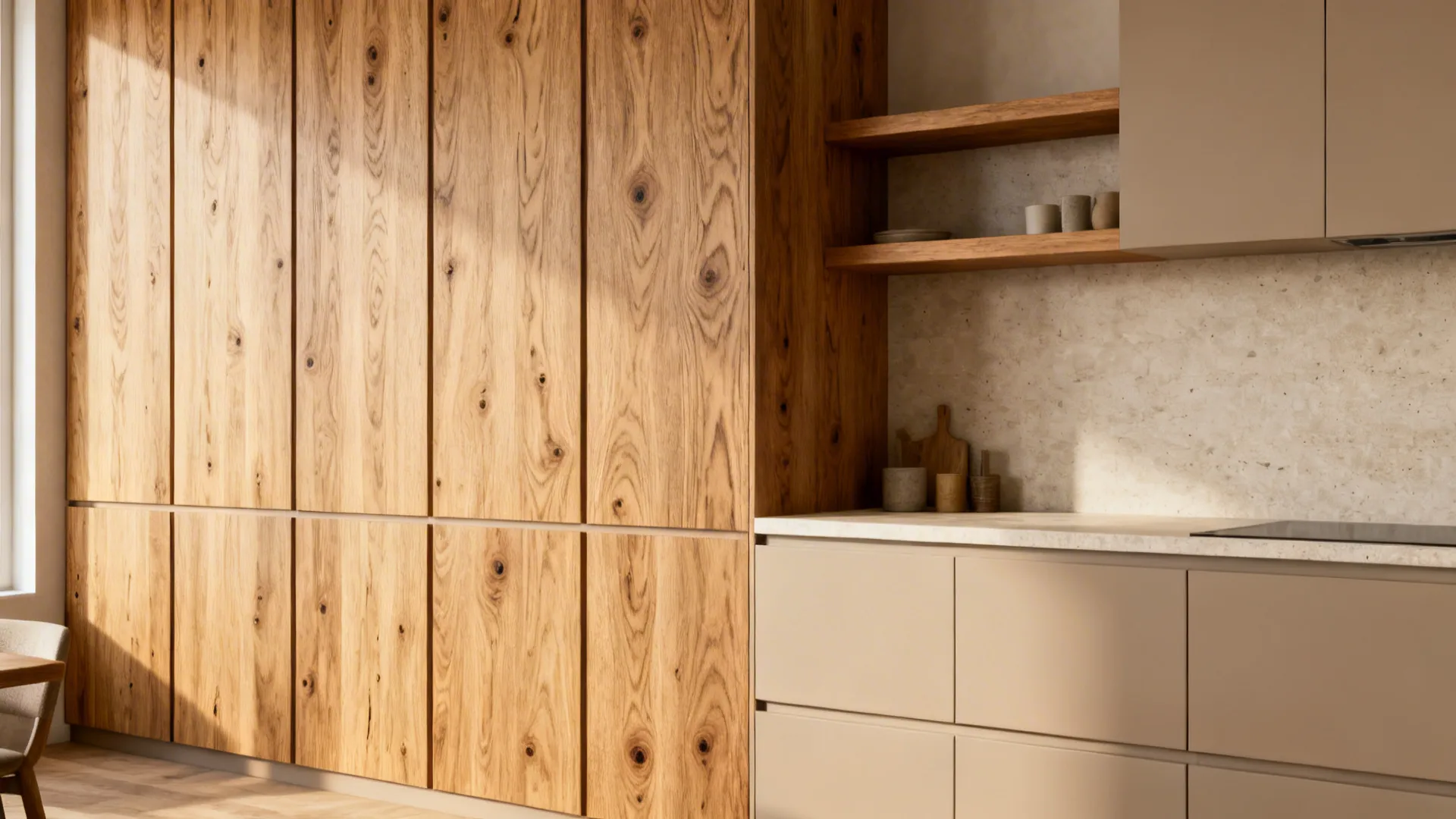 Kitchen with rift-cut oak look wood grain laminate panels and a floating shelf adding warmth.