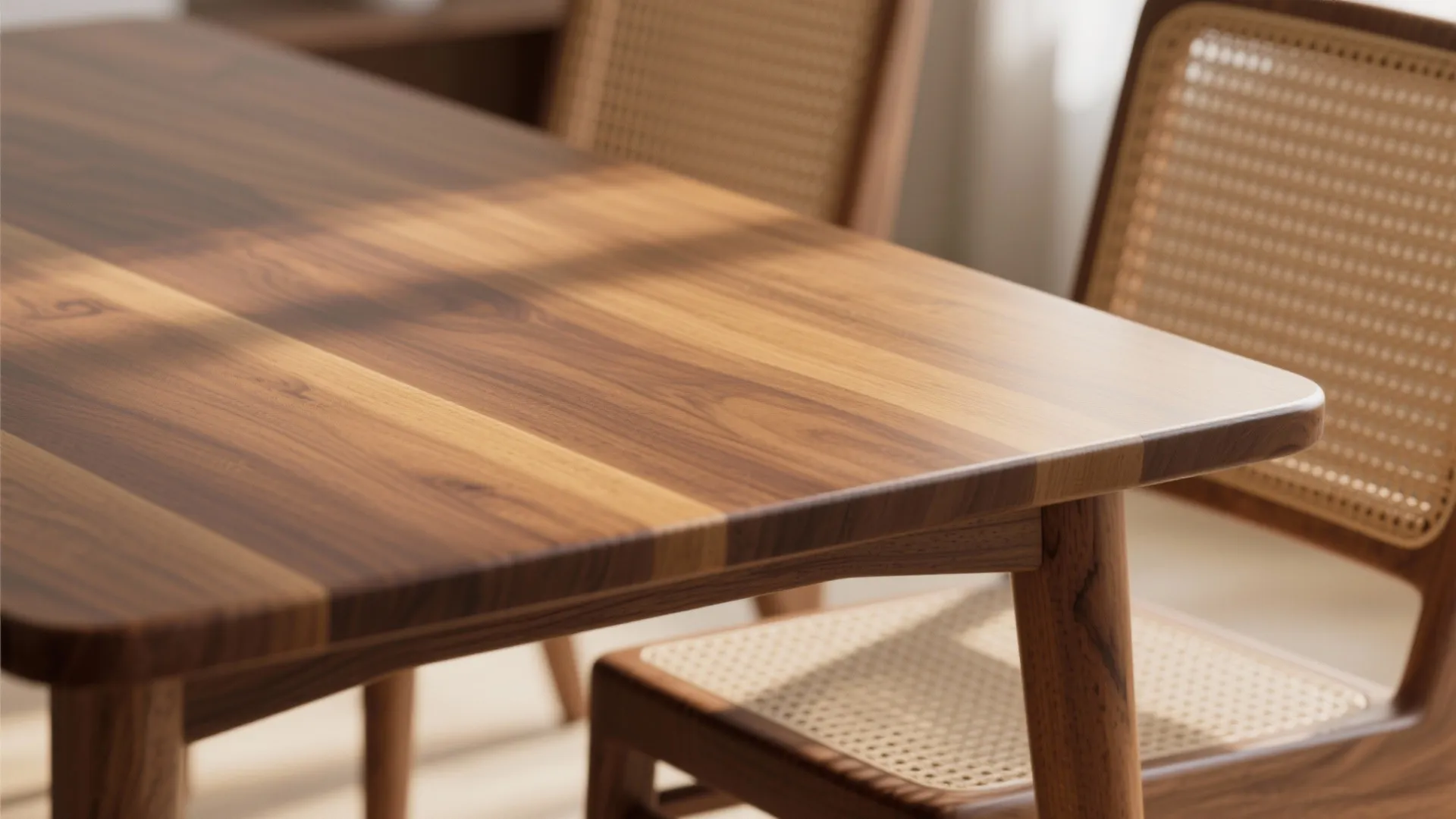 Close up view of a smooth brown wooden table surface with sunlight and woven chairs