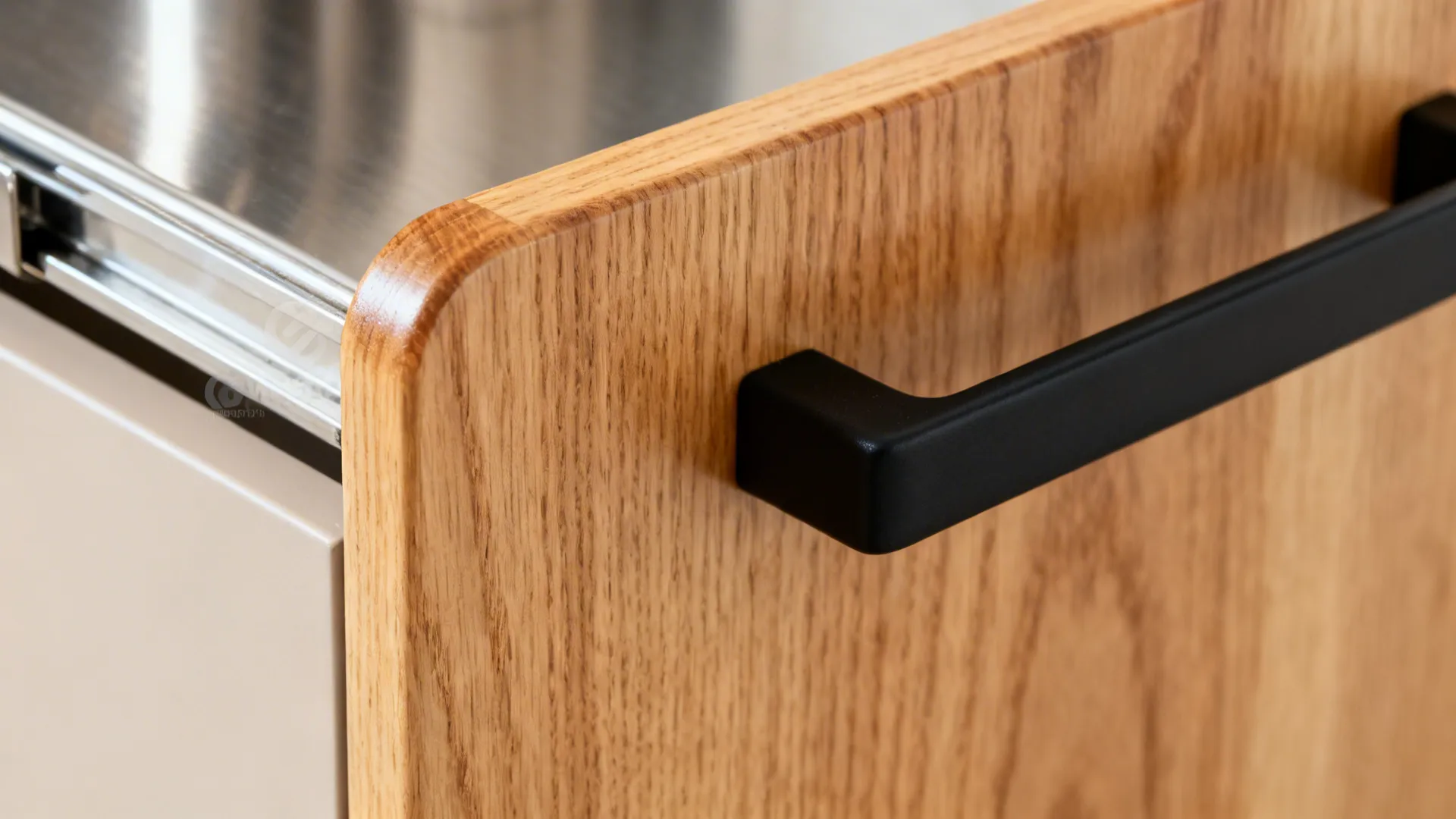 Macro of light oak trolley grain and a matte black handle with a natural oiled finish.