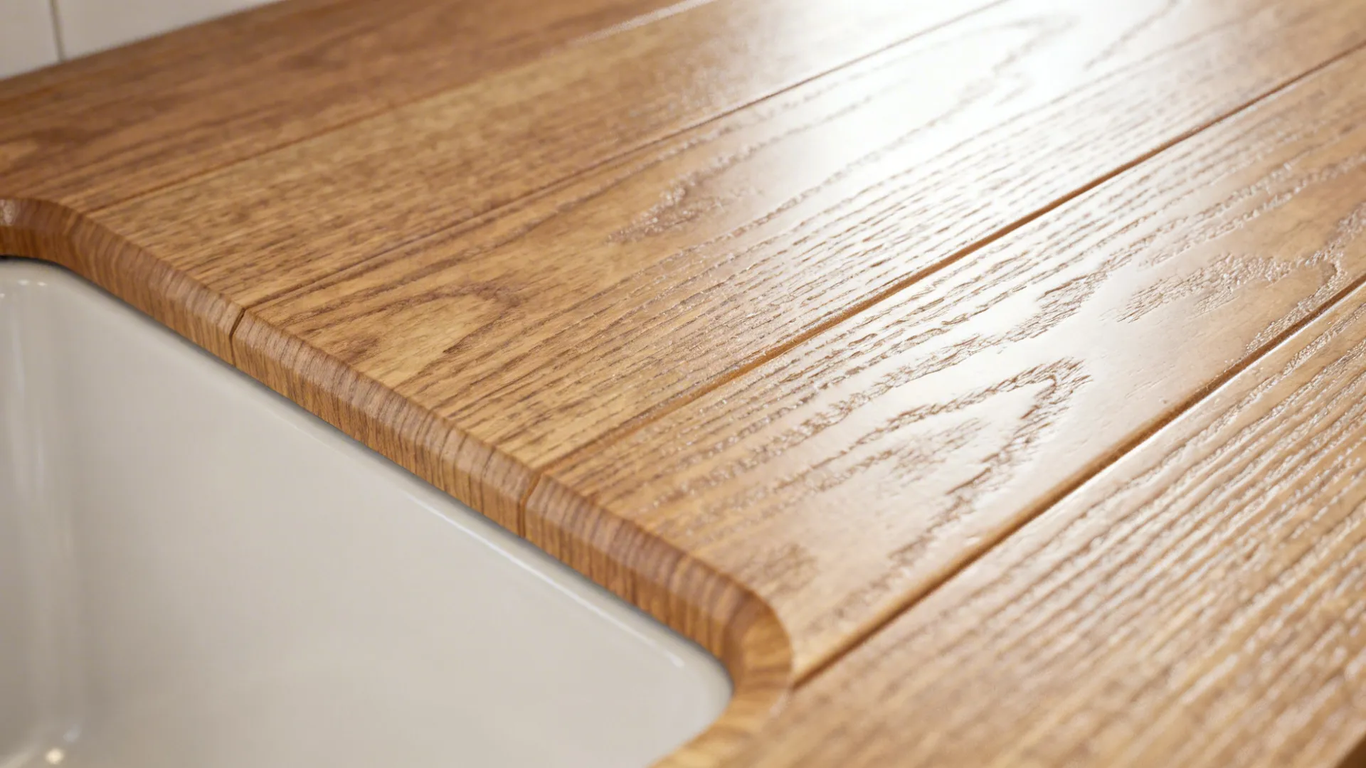 Macro of embossed wood-look PVC grain with warm lighting near a sink edge.