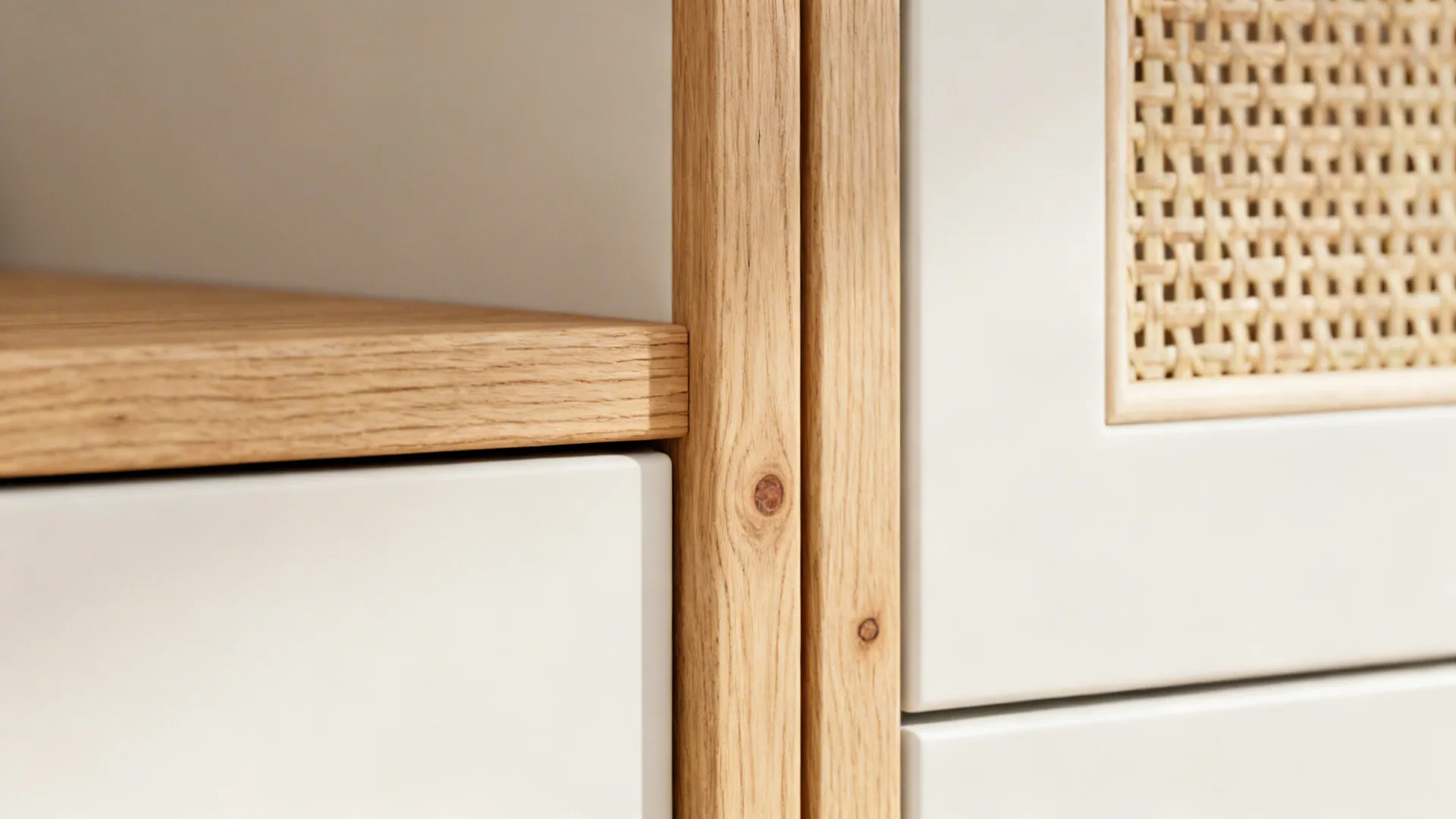 Macro of light oak vertical grain meeting matte white cabinet with rattan detail.
