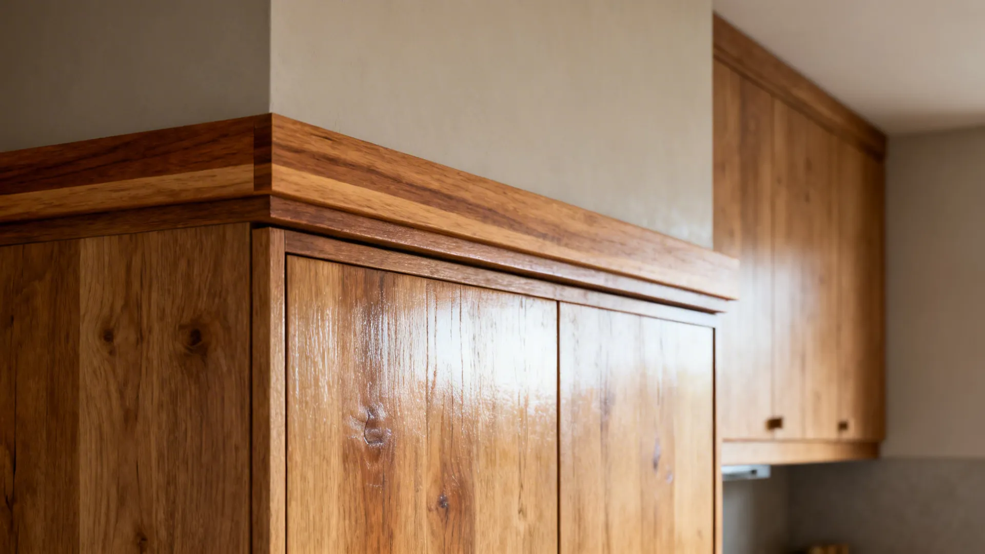Macro of rift-cut oak cabinet fronts with natural oil finish and cedar fascia.