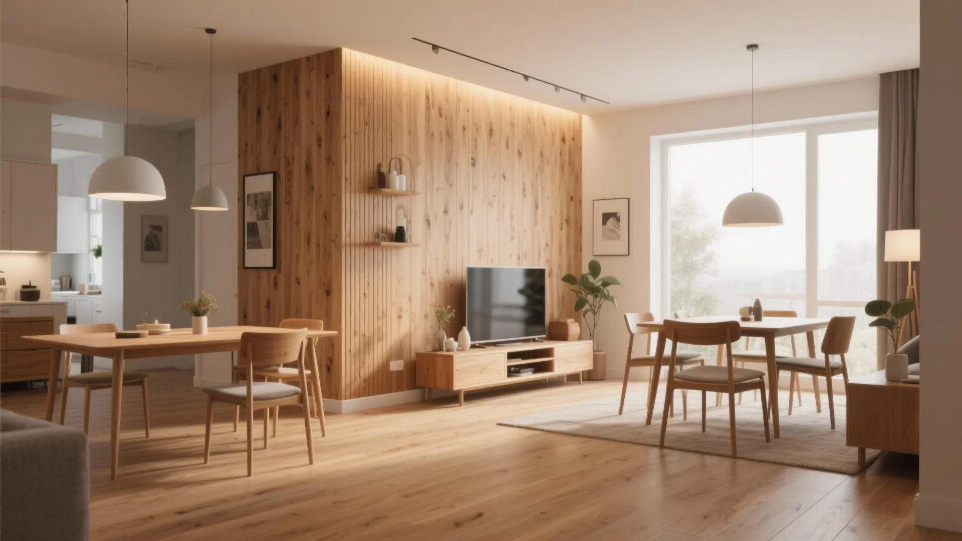 Open plan living area with wood wall panel dining table wooden floor and white ceiling lights