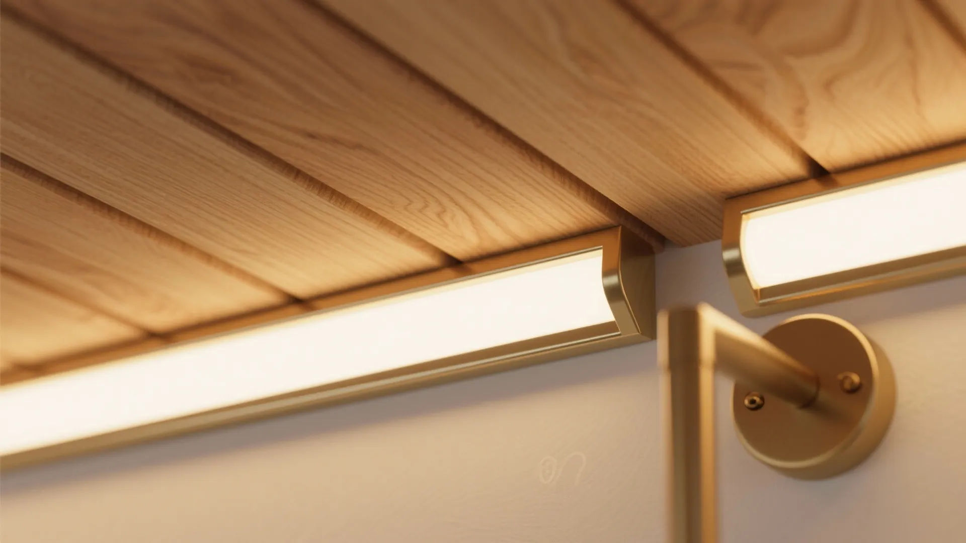 Close up of gold wall light fixture installed under light wood grain wall panel design