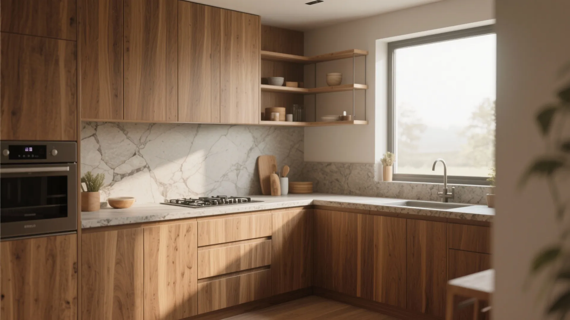 Modern kitchen with wood grain cabinets white marble countertop sink stove and bright window natural light