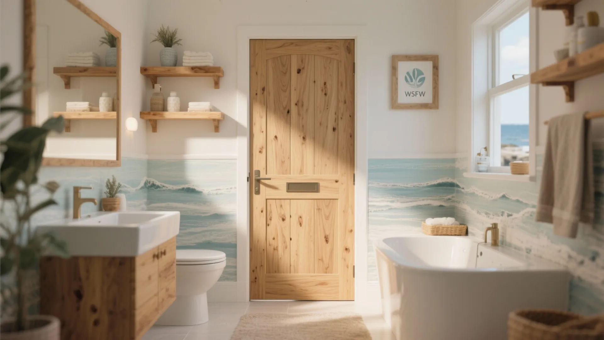 Beach style bathroom featuring wood grain door wave wall pattern bathtub white toilet and sink