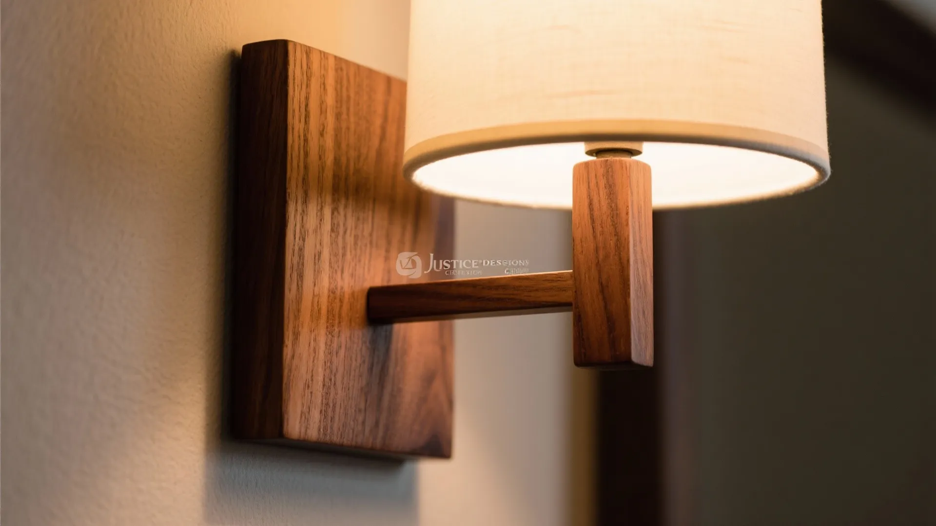 Warm wood accents under sconce glow