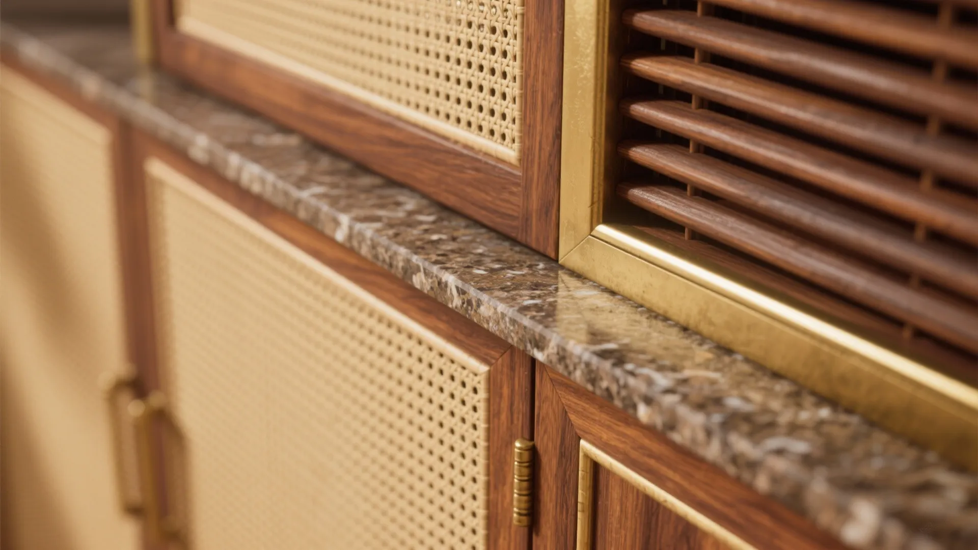 Close up of wooden cabinet with woven details marble surface gold accents and matching metal hinges