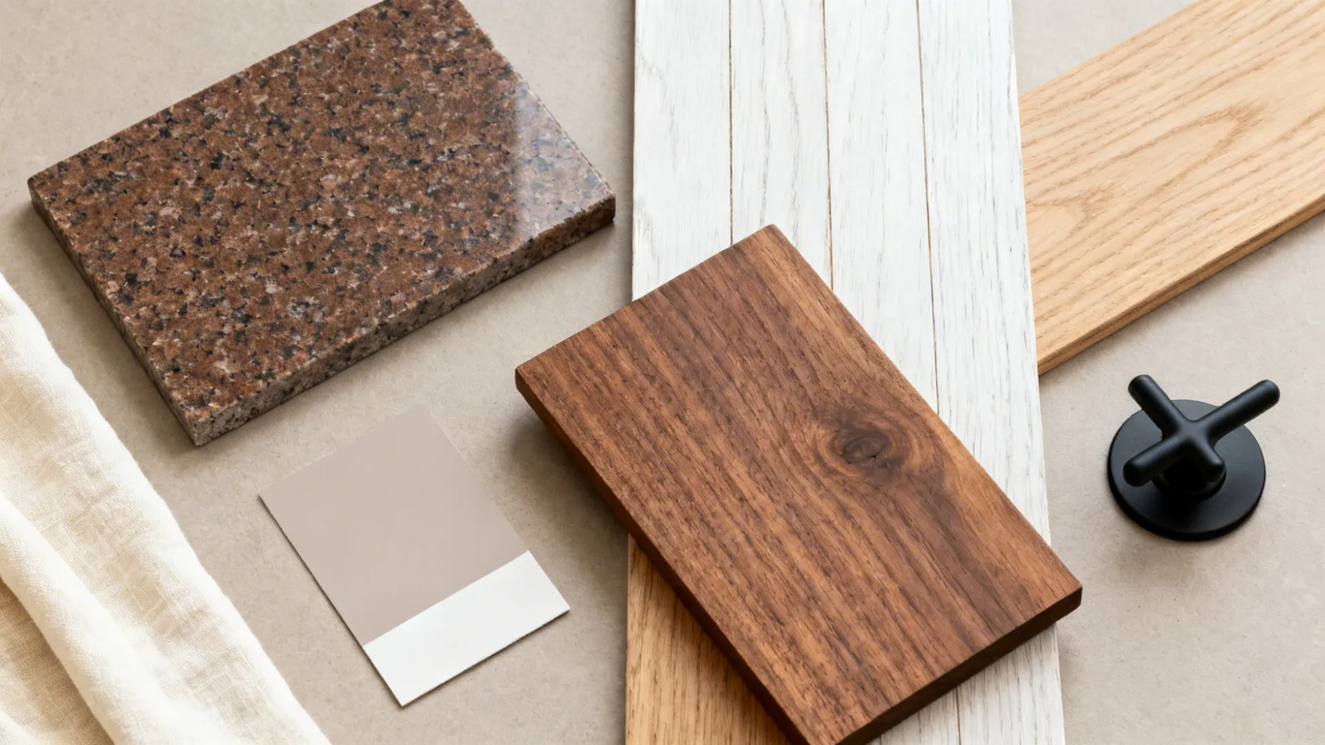 Flat lay mixing Baltic Brown granite, rift white oak, walnut, greige paint, and black hardware.