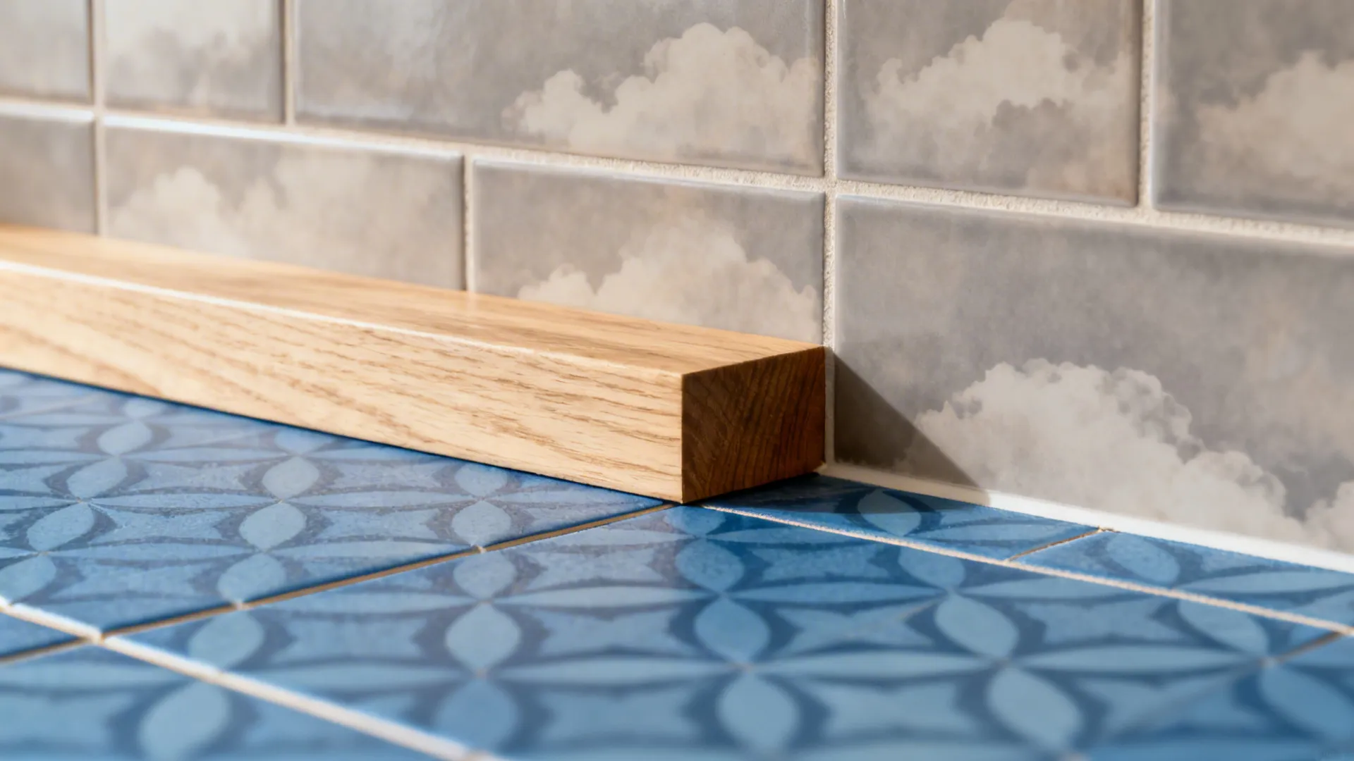 Close up of wood trim board on blue patterned floor tiles with cloud pattern wall tiles