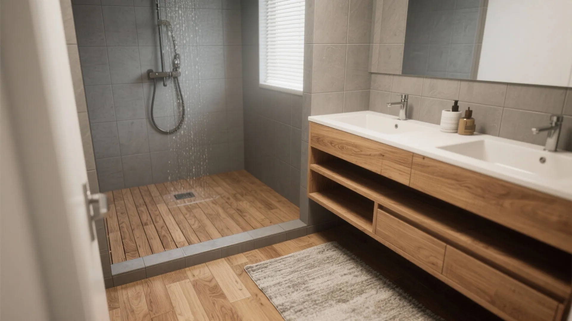 1. Warm wood tones + cool gray tiles