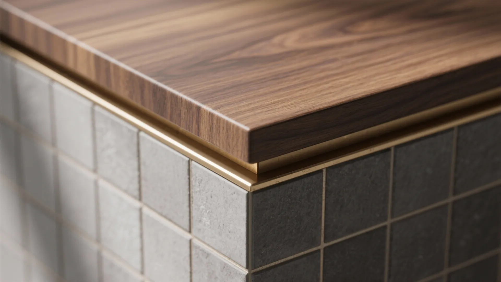 Macro of walnut veneer meeting cool-gray tile with brushed brass trim under soft daylight.