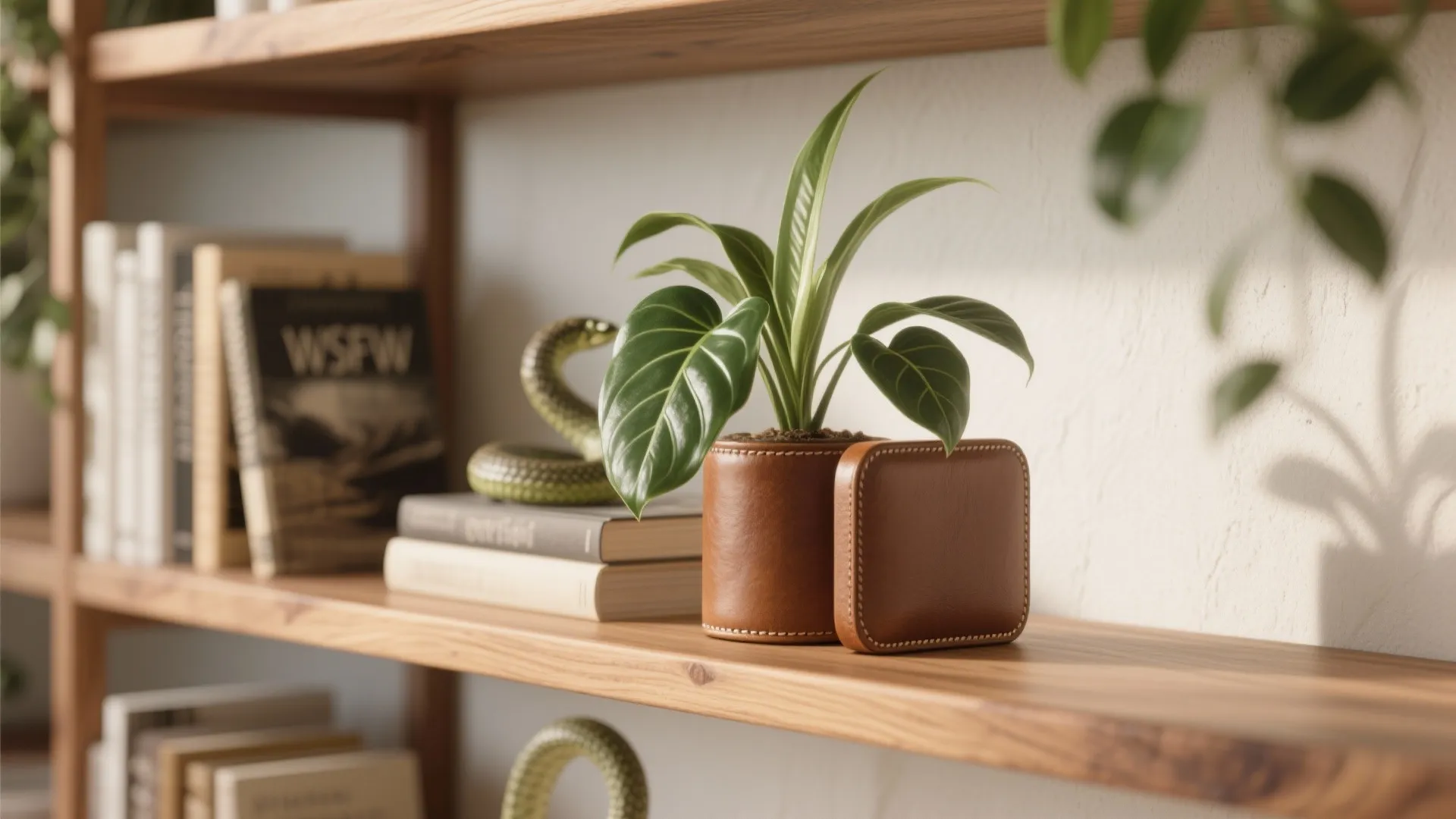 Close up of wooden bookshelf with green plant in leather pot and small leather box
