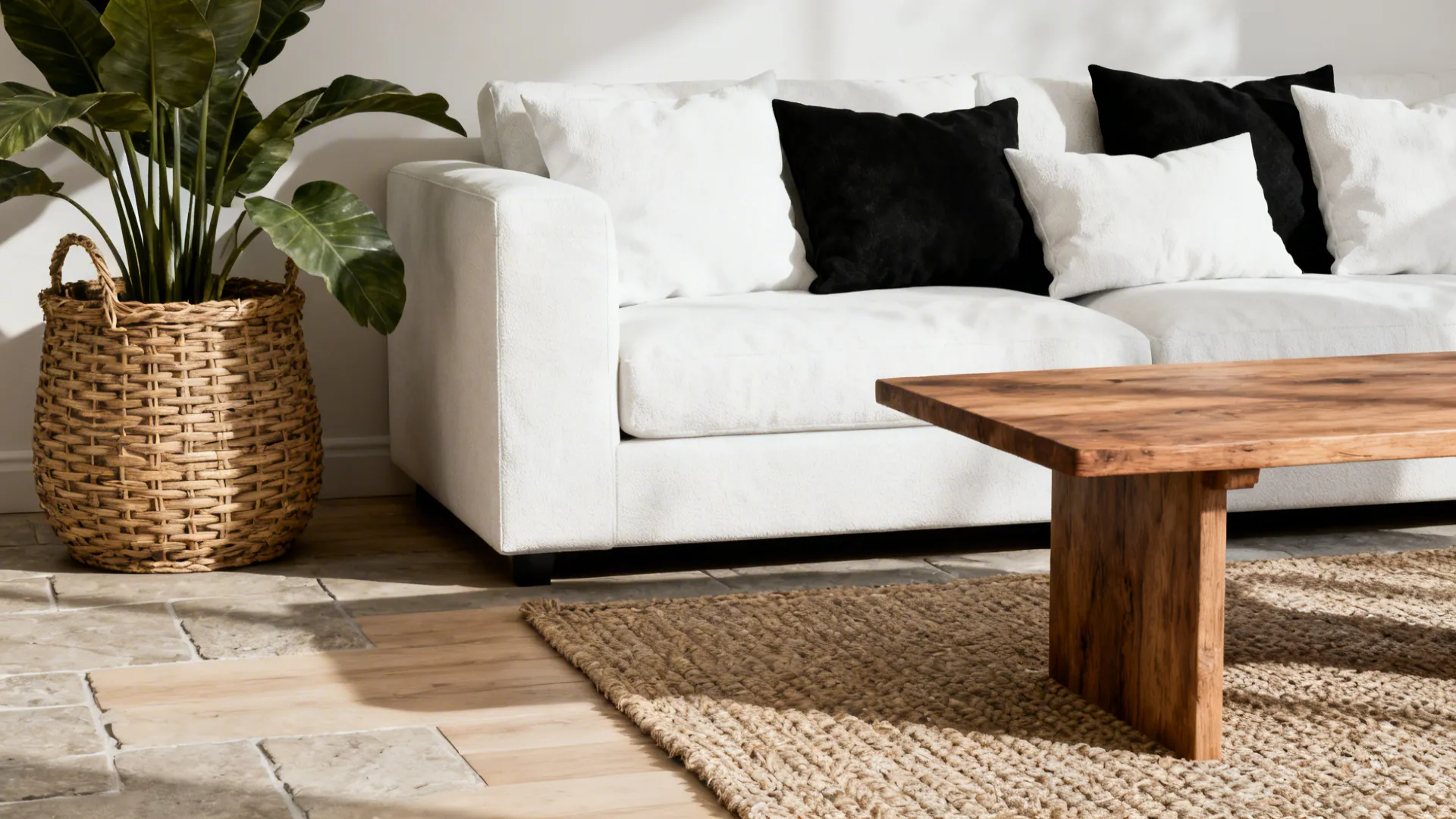 Black-and-white living room softened by a wooden coffee table and a large green plant in a woven basket.