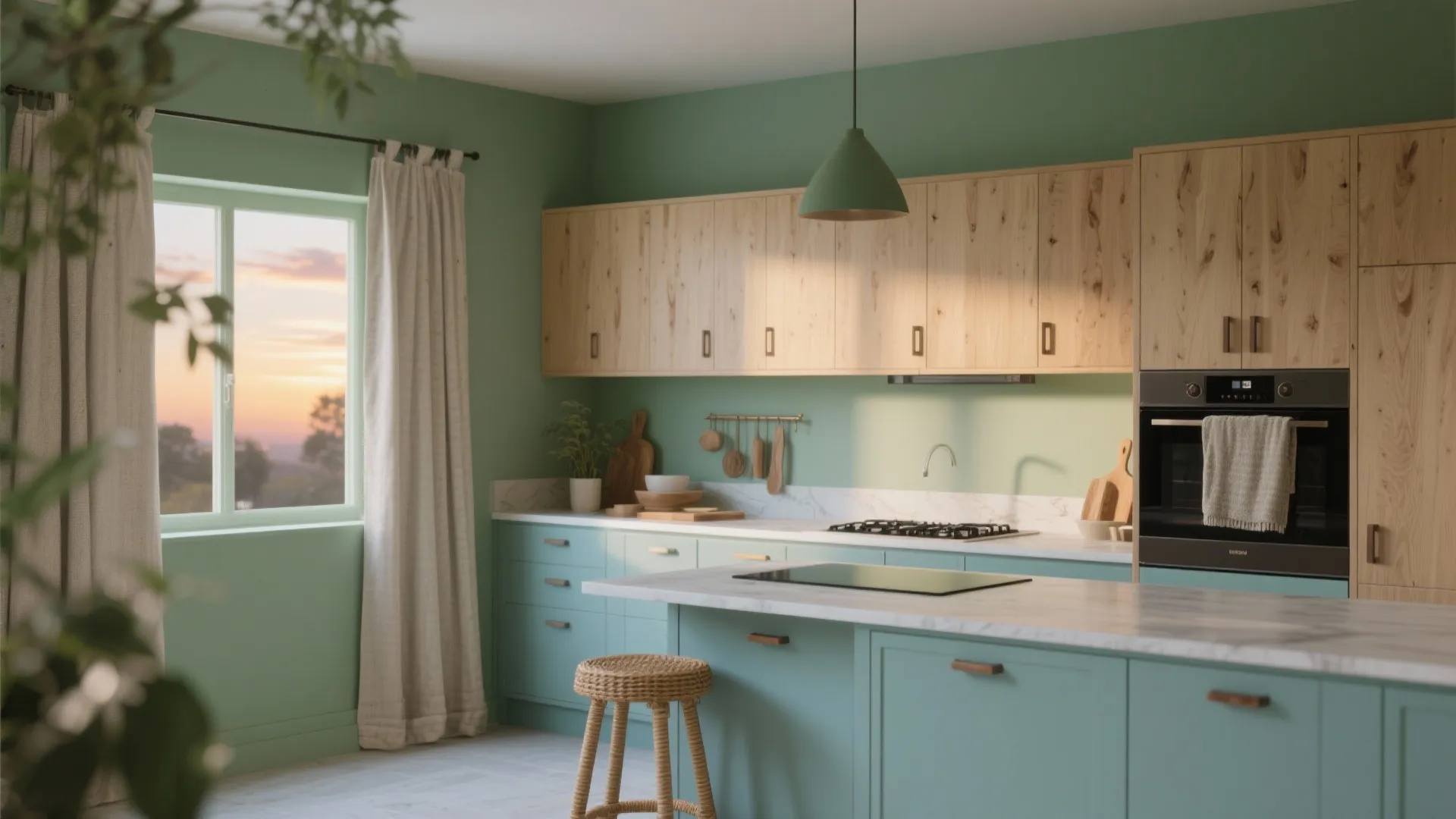 Wood + Muted Greens/Blues (Biophilic Calm)