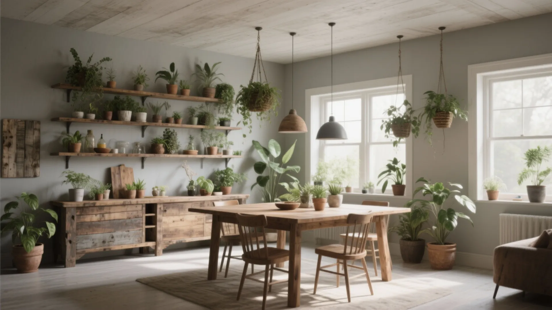 Wooden dining table and chairs in a room filled with green plants on wall shelves