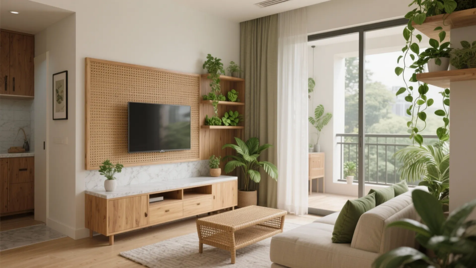 Warm wood accents with tropical greens