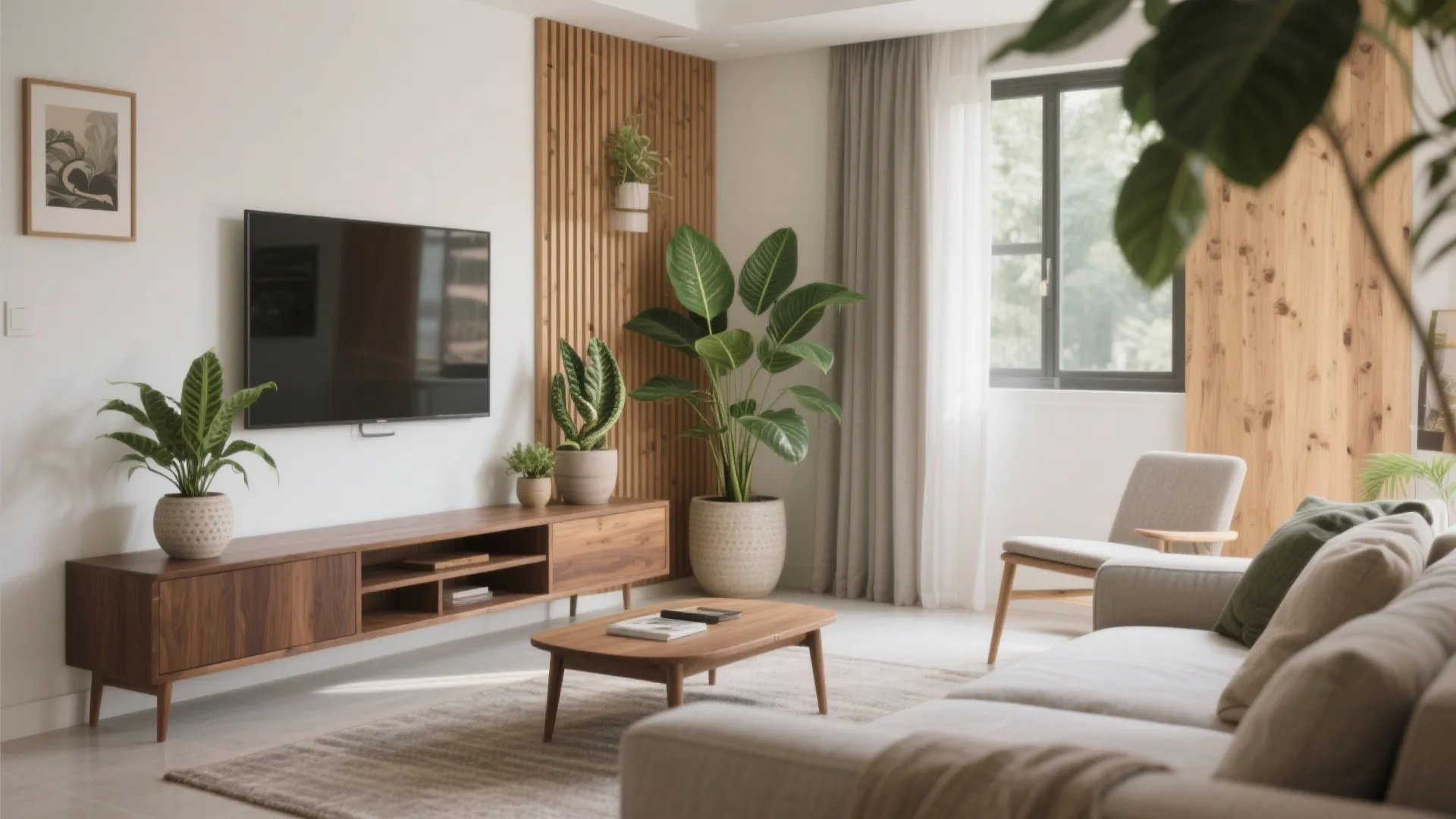 Warm Wood Accents and Greenery for Cohesive Calm