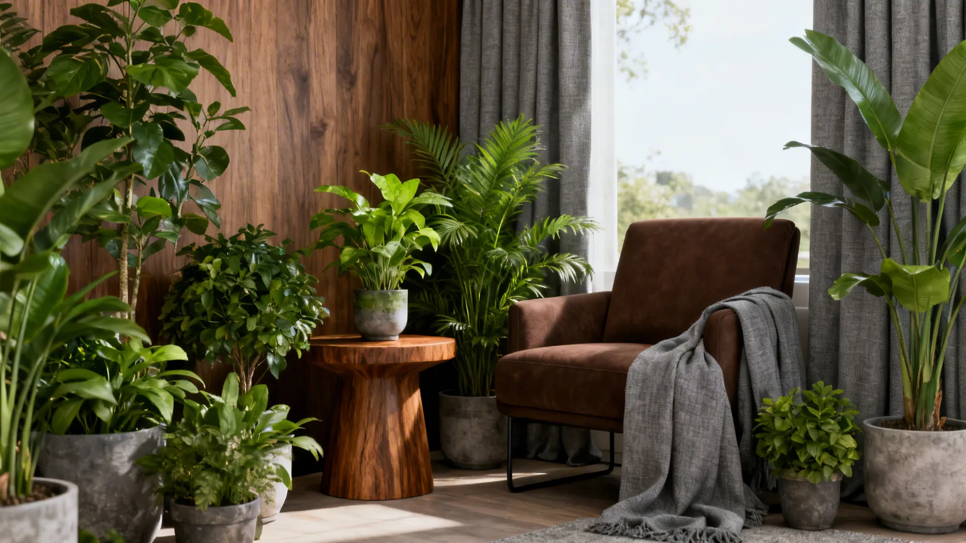 Chocolate seating paired with walnut side table and indoor plants for warmth