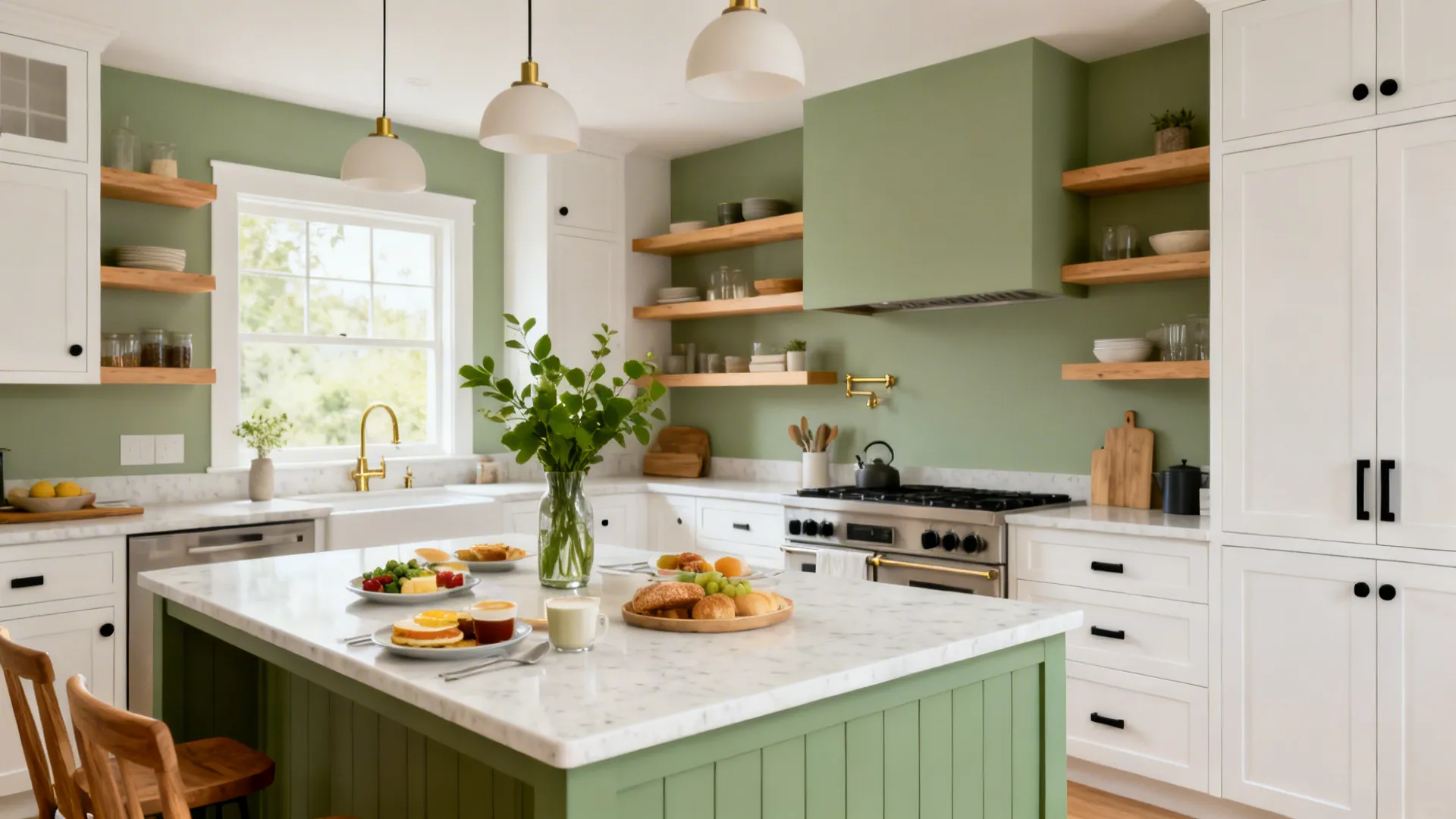 Sage green kitchen with white marble island breakfast food wooden wall shelves and ceiling lights