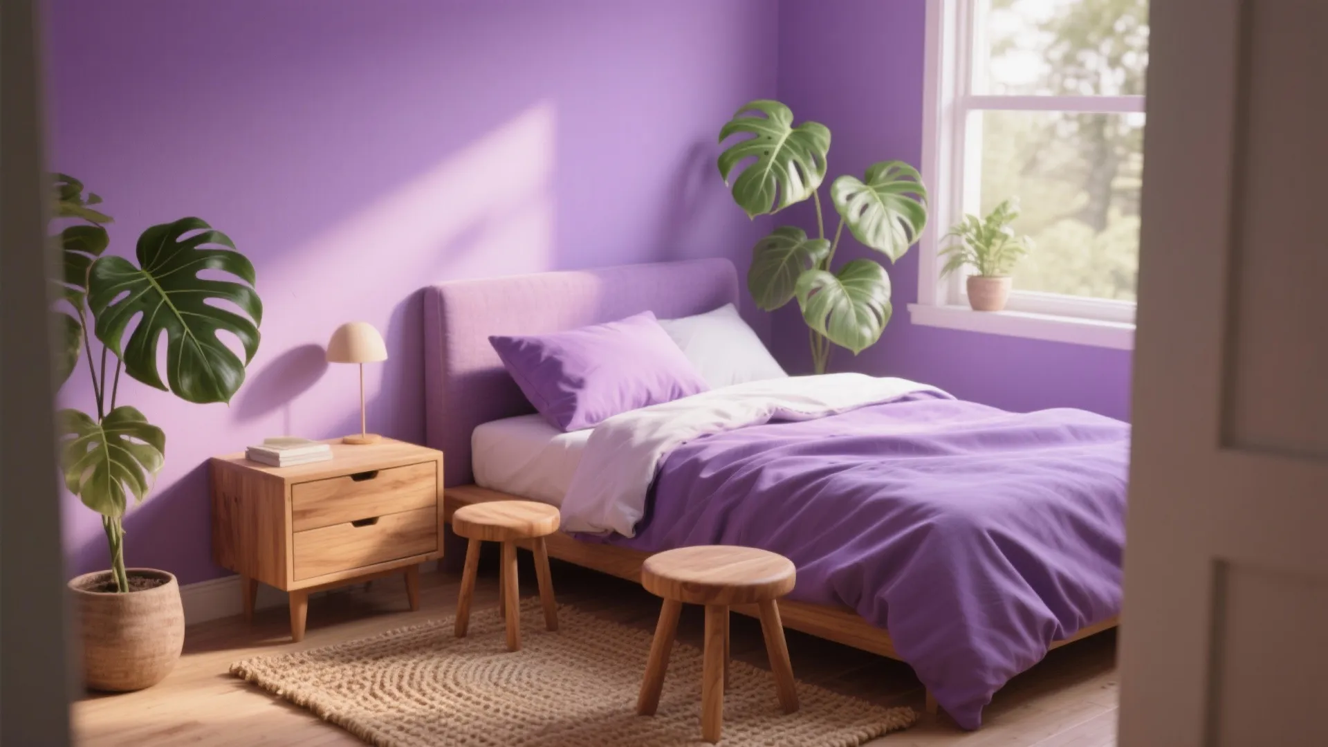 [Section: Natural Wood and Greenery to Balance Purple]