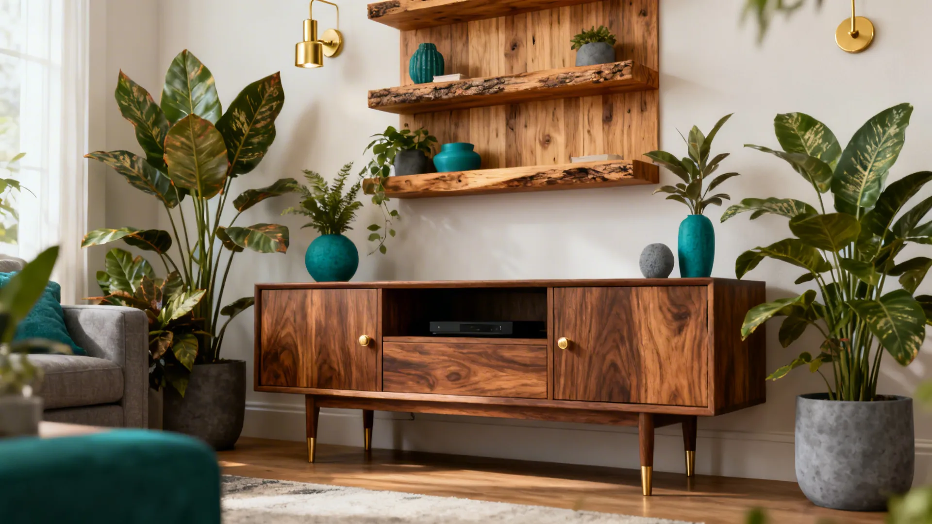 Small living room balanced with warm walnut furniture and abundant greenery.