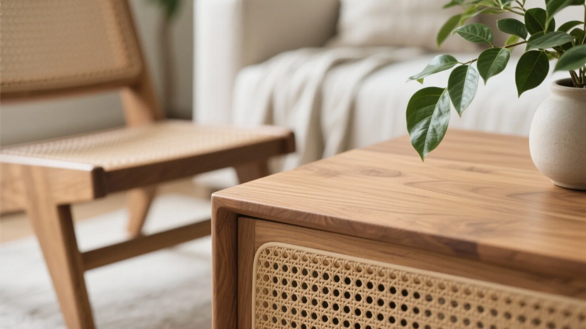 Close up of wood coffee table with woven details, green plant pot, and wooden chair