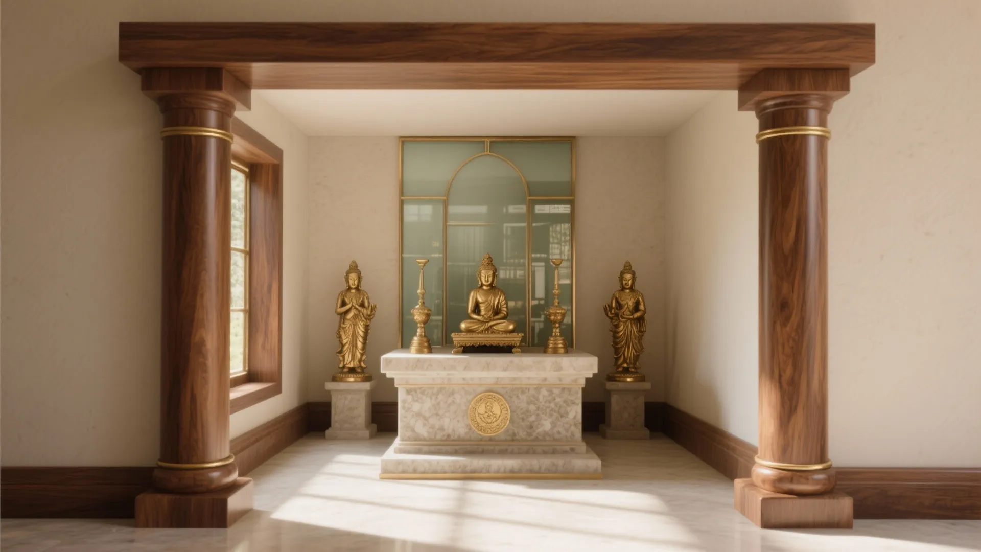 Interior prayer space featuring golden statues on marble platform framed by large dark wood pillars