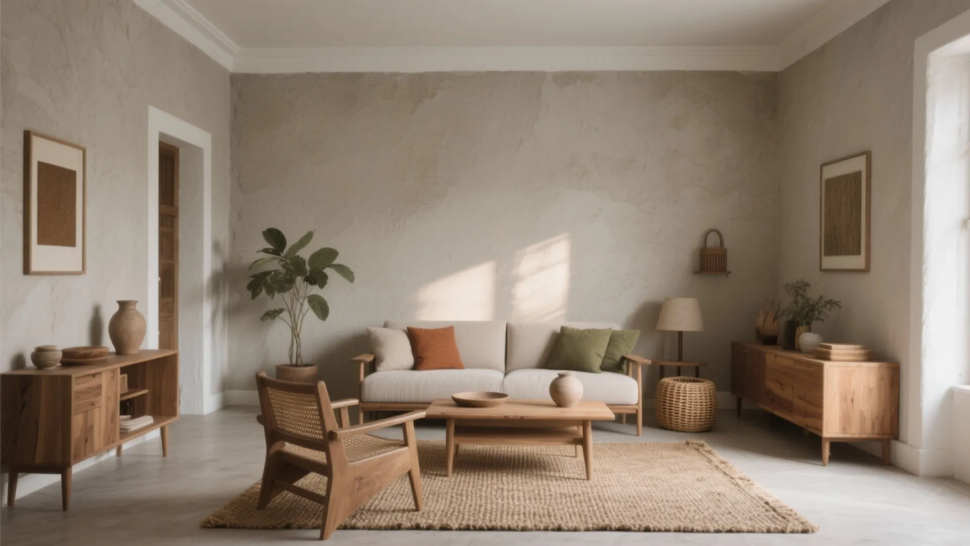Modern living room with beige sofa wooden coffee table woven rug green plant and neutral walls