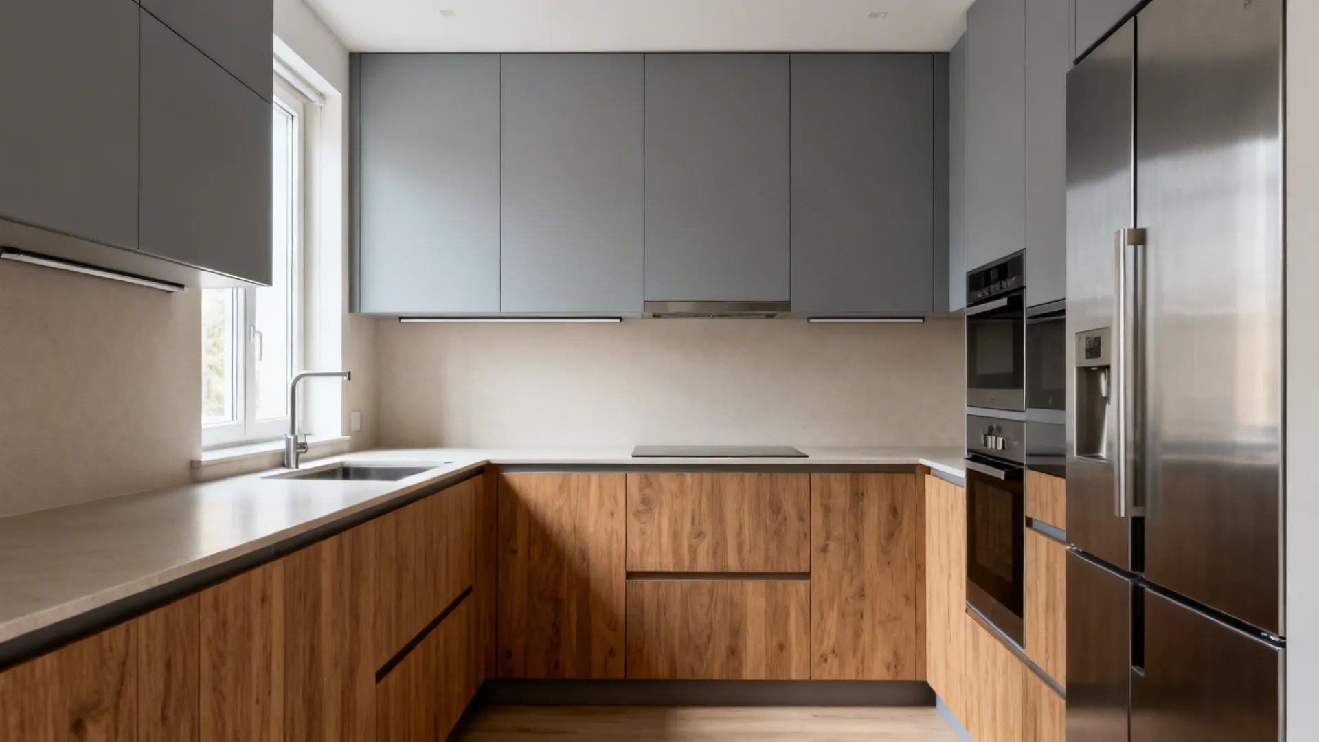 Compact kitchen with warm wood base cabinets and cool grey uppers in an L-shaped layout.