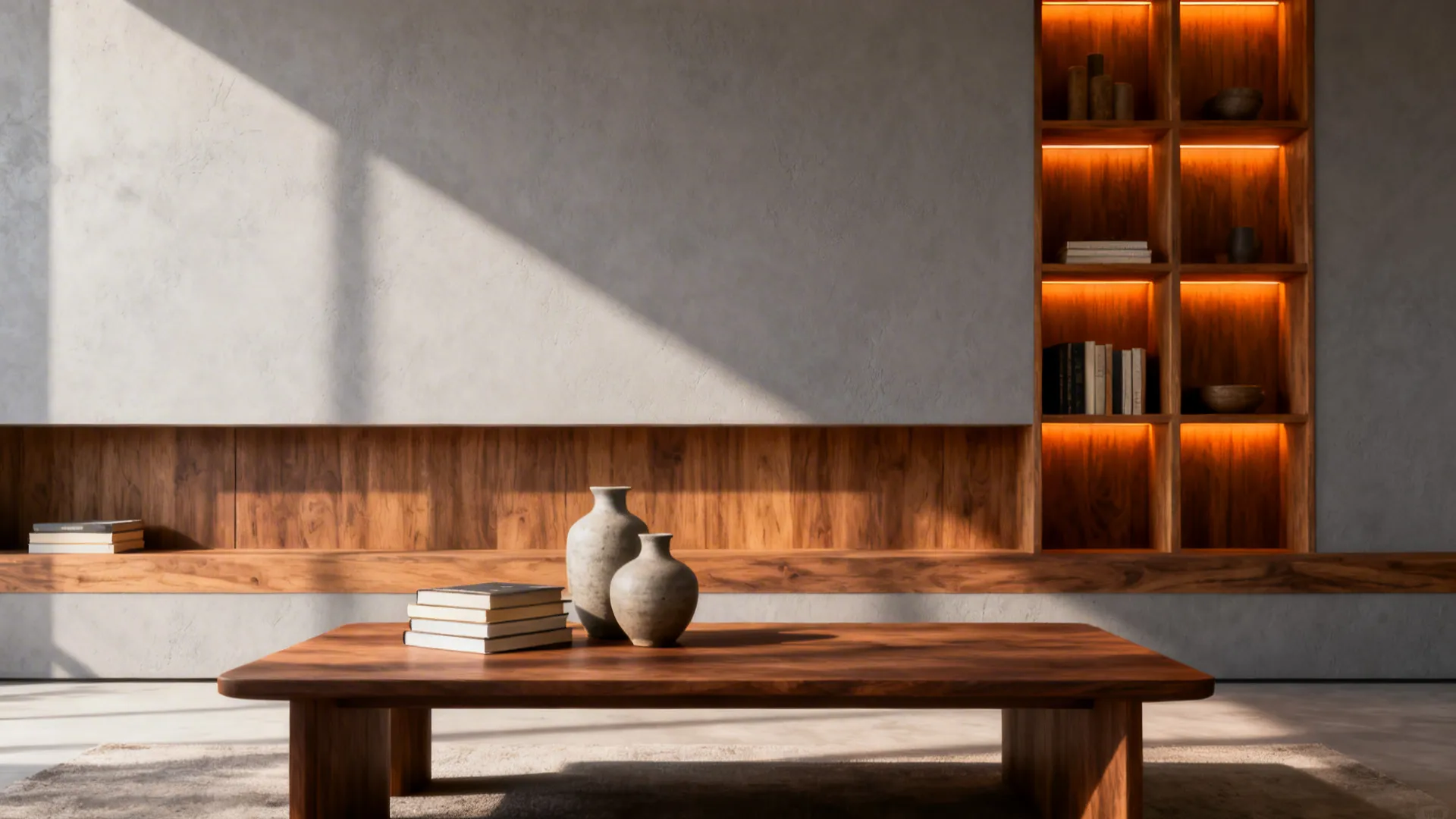 1. Warm wood + cool grey plaster