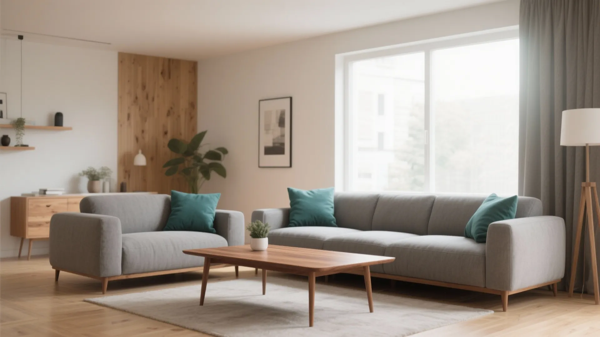 Walnut coffee table with grey and teal room palette