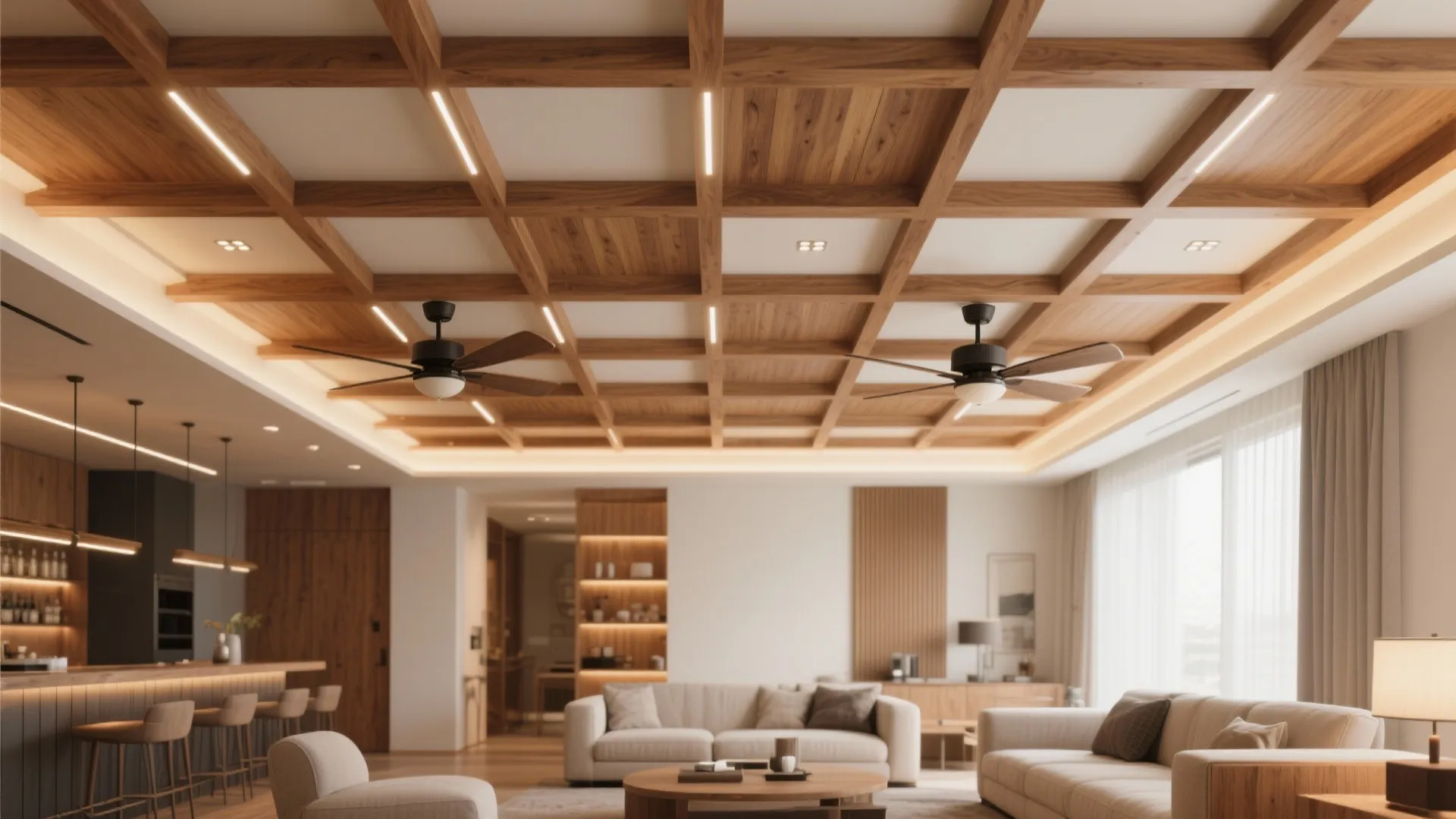 Spacious living room featuring wooden grid ceiling design with warm lights and two black ceiling fans