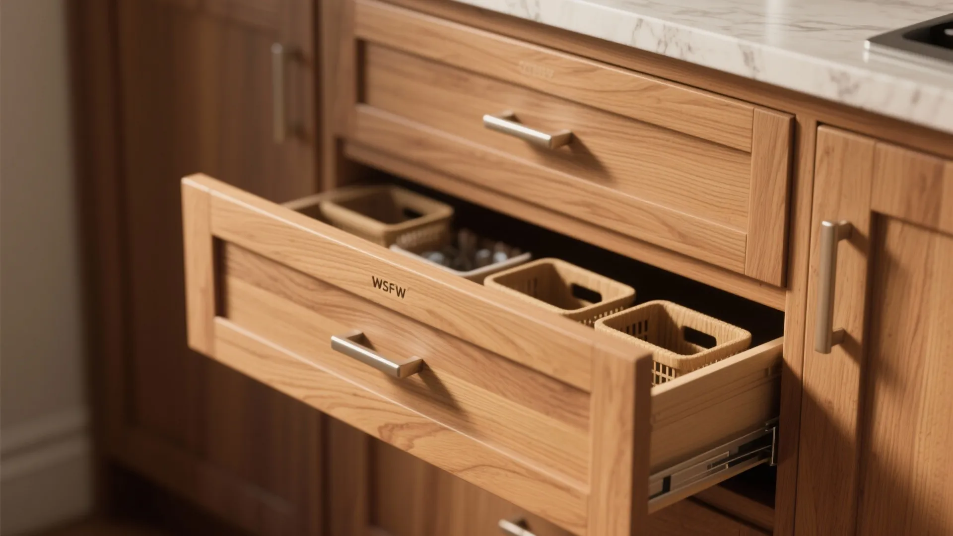Open wooden cabinet drawer showing small storage baskets under a white marble countertop in kitchen