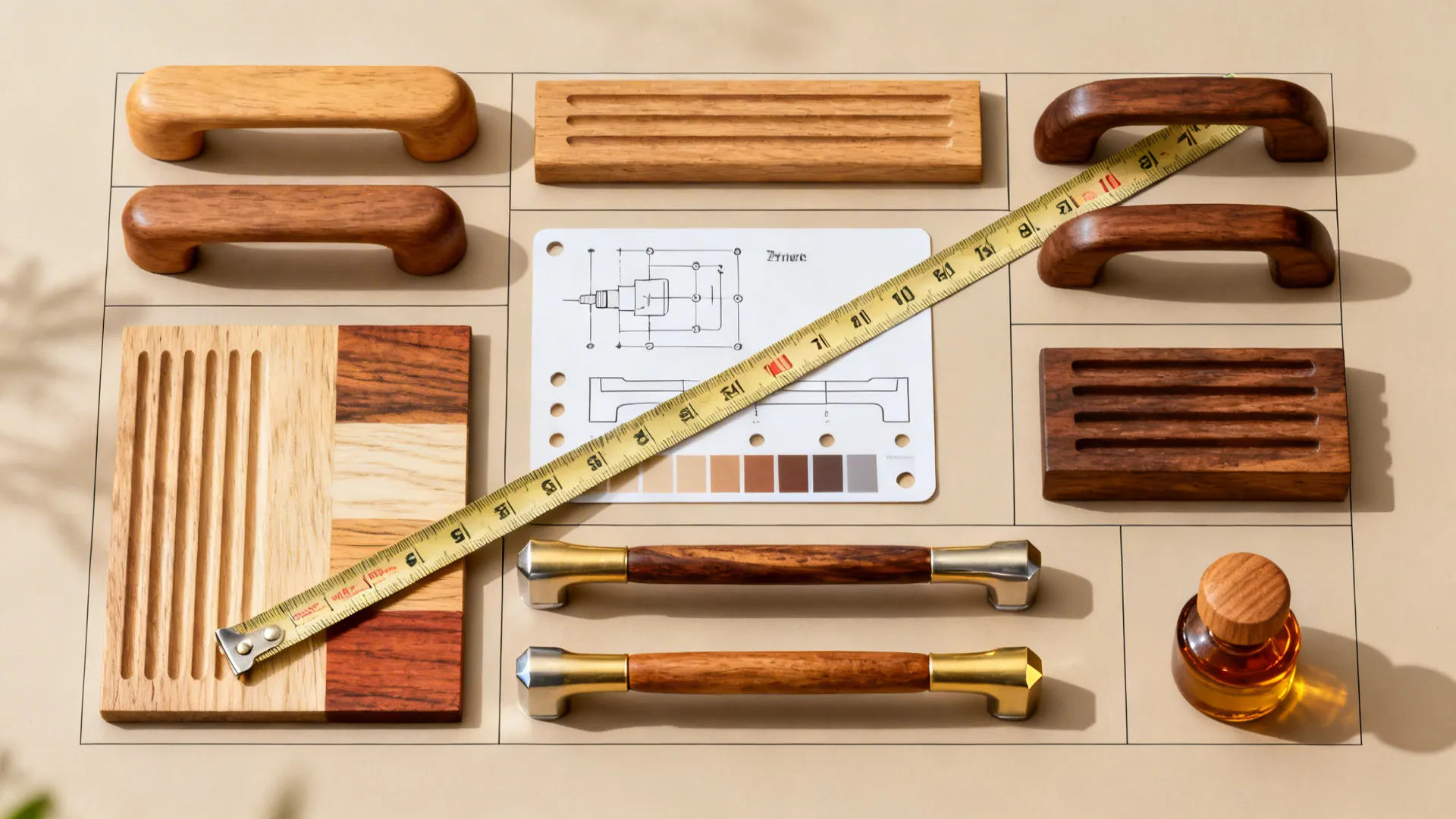 Top-down layout of various wooden cabinet handles with tools for sizing and care.